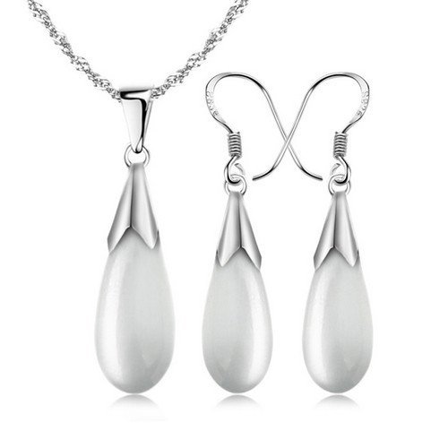 Merdia 925 Sterling Silver Opal Water Drop Pendant Necklace and Earrings Set
