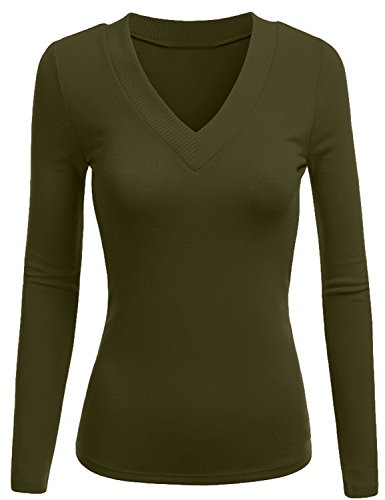 TL Womens Variety Comfy Solid V-Neck Long Sleeve Thermal Basic Tops