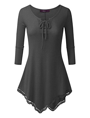 Doublju Womens 3/4 Sleeve Lace-Up Asymmetrical Tunic Top With Lace Trim