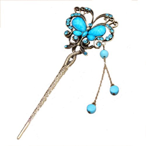 Qiyun women's elegant looking antique brass metal decorative hair stick pin with tassel for long hair - turquoise blue