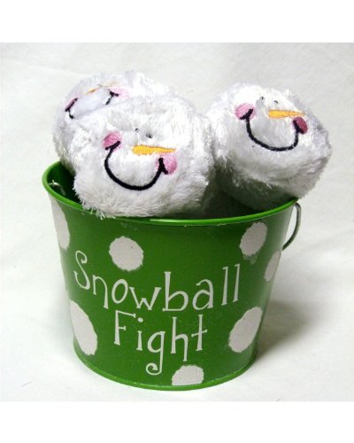 6 Plush Snowmen Balls in a Green Tin Labeled Snowball Fight, Indoor Play