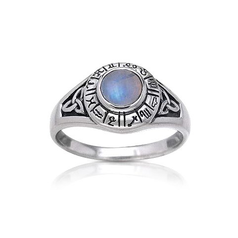 Zodiac Wheel Astrological Symbols Sterling Silver Celtic Knot and Rainbow Moonstone Ring(Sizes 4,5,6,7,8,9,10,11)