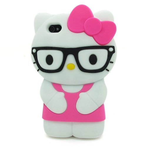 3d Cute Hello Kitty Cat Soft Silicone Rubber Gel Case Cover Skin for Apple Iphone 4 4s 4g (glasses/Hot Pink)