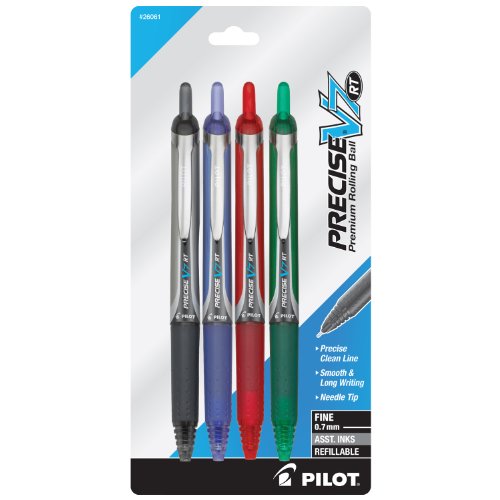 Pilot Precise V7 RT Retractable Rolling Ball Pens, Fine Point, 4-Pack, Black/Blue/Red/Green (26061)