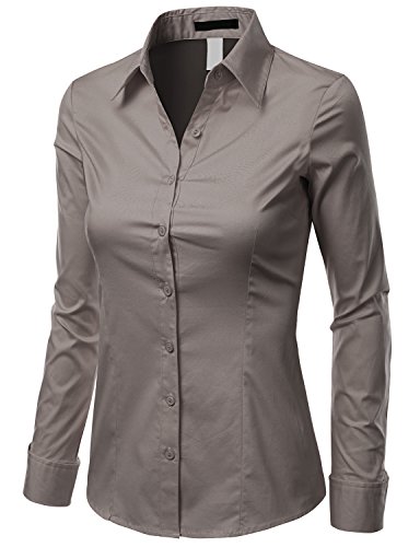 Doublju Womens Basic Long Sleeve Cotton Button Down Collared Shirt