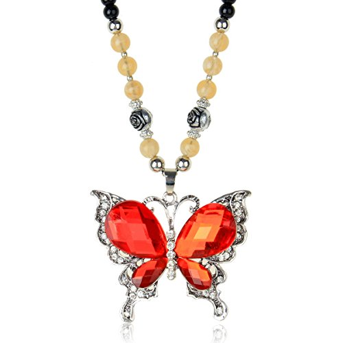 Less Like Butterfly Red Gem Crystal Charm Pendant Long Bead Sweater Long Statement Necklace