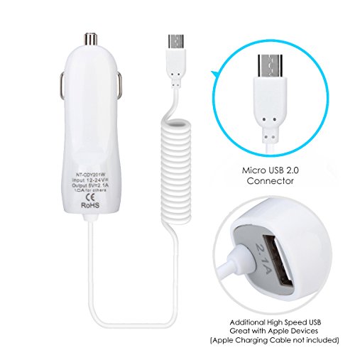 Car Charger, Noot® Ultra Fast USB Coiled Retractable Car Charger with Smart-IQ Technology for Apple iPhone | Samsung Galaxy | Google Nexus | Motorola | Nokia | HTC | Amazon Fire and many more (2.1 Amp Car Charger) (Apple Lightning Charging Cable not included)