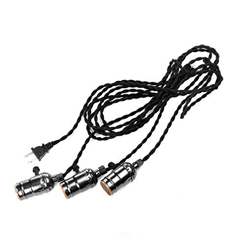 Pendant Light by SooFoo, Triple Lamp Socket Vintage-Style Cord On / Off Switch, Total 16.5 FT Twisted Black Textile Cord