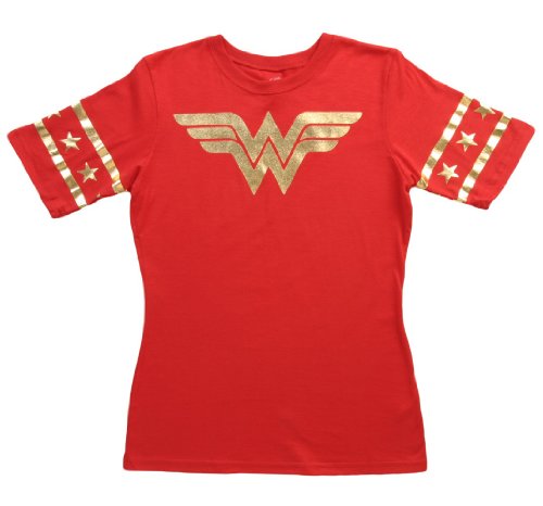 Wonder Woman Gold Foil Striped Sleeves Red Juniors T-shirt Tee