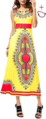 AOVCL Women Traditional African Print Dashiki Bodycon Sleeveless Maxi Dress