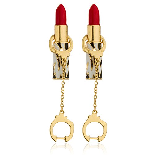 Goldtone Multicolored Red Lipstick and Dangling Handcuff Stud Earrings
