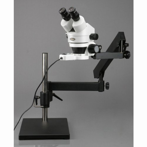 

AmScope SM-7B-144S Professional Binocular Stereo Zoom Microscope, WH10x Eyepieces, 7X-45X Magnification, 0.7X-4.5X Zoom Objective, 144-Bulb LED Ring Light, Articulating-Arm Boom Stand, 110V-240V