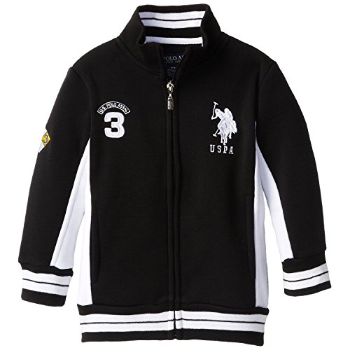 U.S. Polo Assn. Little Boys' Fleece Mock Neck Jacket with Striped Ribbing, Black, 5/6