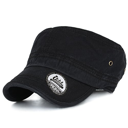 ililily Simple Plain Solid Color Washed Cotton Military Cadet Flat Top Army Cap