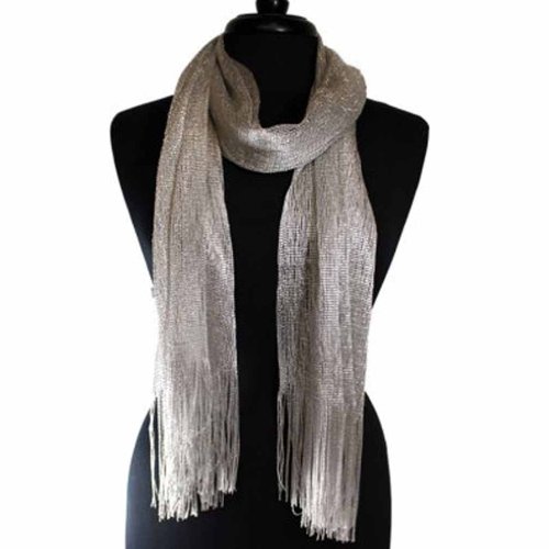 Luxury Divas Silver Shimmery Lightweight Long Mesh Scarf With Fringe