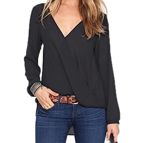 FINEJO Women's Sexy V-neck Long-sleeved Solid Shirt Tops Blouse T-shirt