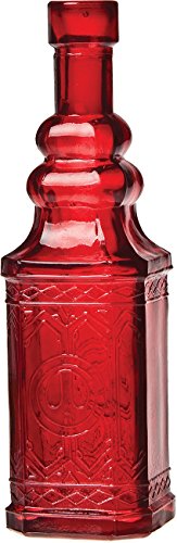 Luna Bazaar Small Vintage Glass Bottle (6.5-Inch, Square Design, Red) - Flower Bud Vase - For Home Decor, Party Decorations, and Wedding Centerpieces