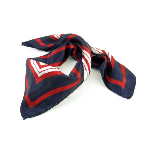 Lady Dark Blue Red White Stripe Print Square Kerchief Neck Scarf Wrap