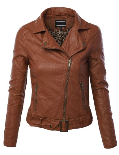 LE3NO Women's Mock Collar Long Sleeve Zip Up Crinkled Biker Jacket