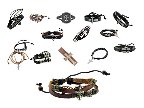 Unisex Horizontal Sideways Christian Cross Charm Leather Bracelet