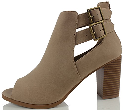 Soda Women's Wilma Faux Nubuck Leather Peep Toe Cut Out Side Buckle Stacked Heel Ankle Bootie
