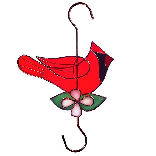 Sunlit Gifts Plant Hanger / Bird Feeder Hook (10-inch Cardinal) - Beautiful Hand Made Stained Glass (with Metal S Hooks) - Ornament Hangers for Hanging Planters, Flower Baskets, Bird Feeders & Houses