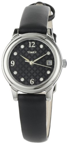Timex Women's T2N450 Elevated Classics Swarovski Crystals Black Leather Strap Watch