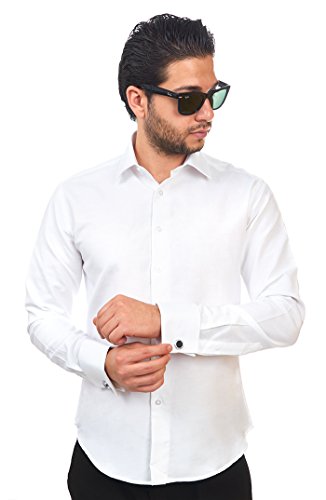 New Mens Dress Shirt White French Cuff Tailored Slim Fit Wrinkle Free By Azar Man