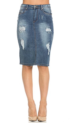 Distressed Stretch Denim High Waisted Knee Length Pencil Skirt