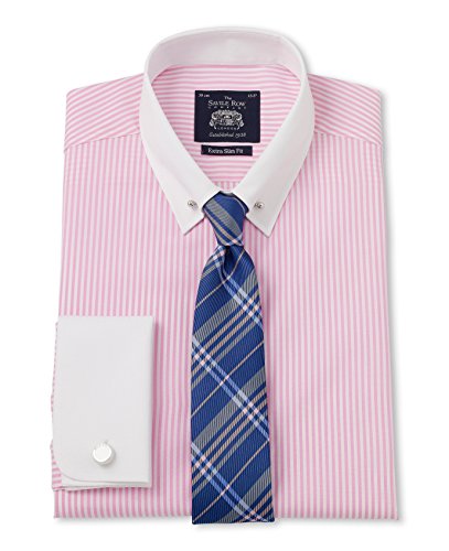 

Savile Row Men's Pink White Bengal Stripe Pin Collar Extra Slim Fit Shirt