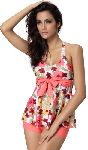 Women's 2 Piece Floral Print Halter Neck Tankini Top with Shorts