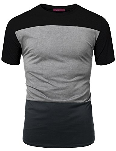 Doublju men 100%cotton three-tier color block shortsleeve crew neck tee