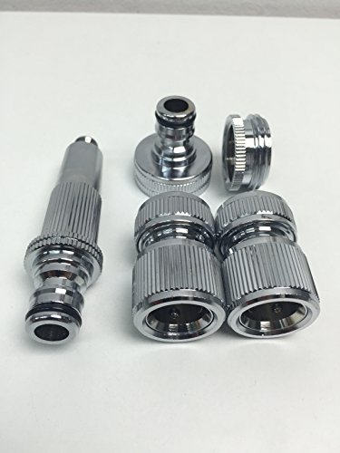 „Gartenset 1 Chrom/Messing 1/2″“ Gardena kompatibel 2x Schnellverbinder + 1″“ Hahnanschluss + Adapter auf 3/4″“ + Gartenspritze“ Gardena kompatibel