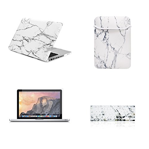 TOP CASE 4 in 1 Bundle - Pro 13-Inch Marble Pattern Rubberized Hard Case Cover + Sleeve Bag + Keyboard Cover + Screen Protector for Macbook Pro 13-inch 13