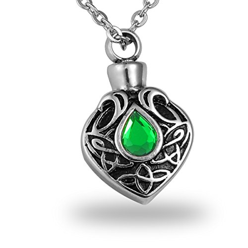 Green Crystal Celtic Knot Teardrop Cremation Urn Necklace Memorial Ash Keepsake Stainless Steel Pendant with Free Engraving