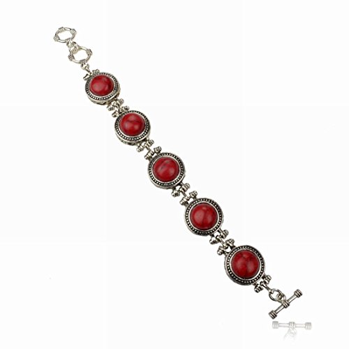 Round Beads Red Turquoise VTG Tibet Silver Link Wristband Bangle Bracelet