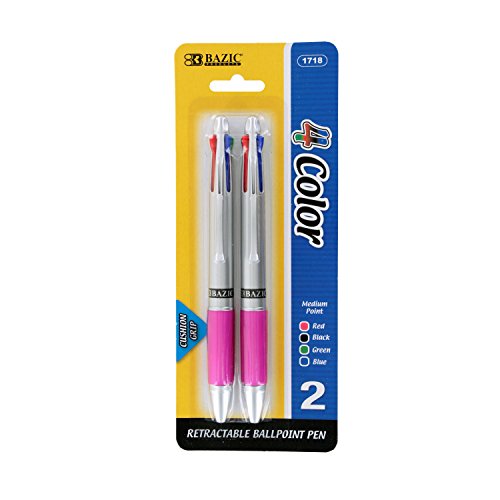Bazic Silver Top 4-Color Pen with Cushion Grip, Pack of 2 (Pink)