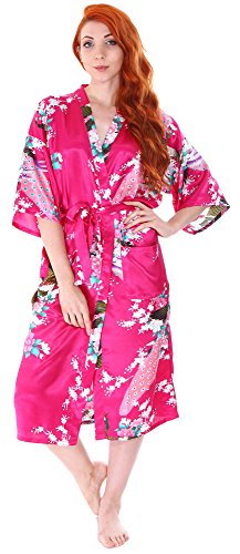 Simplicity Women's Classic Satin Peacock Floral Print Kimono Style Robe w/ Pockets