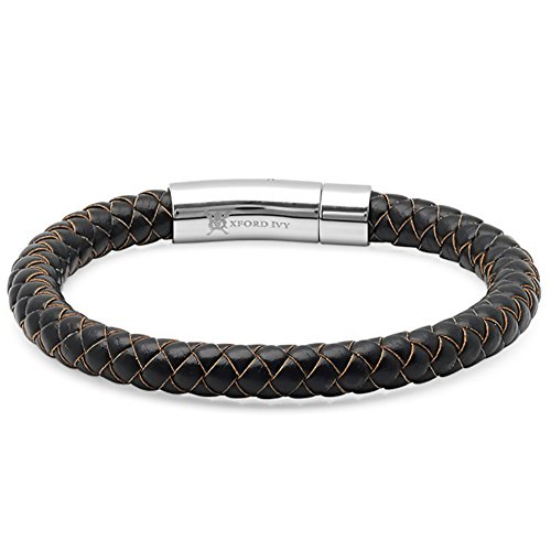 Oxford Ivy Braided Dark Brown Leather Mens Bracelet 8 mm 8 1/2 inches with Locking Stainless Steel Clasp