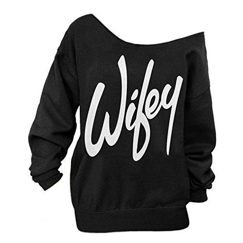 AJ FASHION Women's Wifey Shirt Letter Print Off the Shoulder Slouchy Pullovers