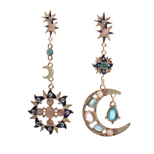 JQUEEN Women's Star Moon Sun Shining Forever Opal Stone Long Dangle Pierced Stud Earrings