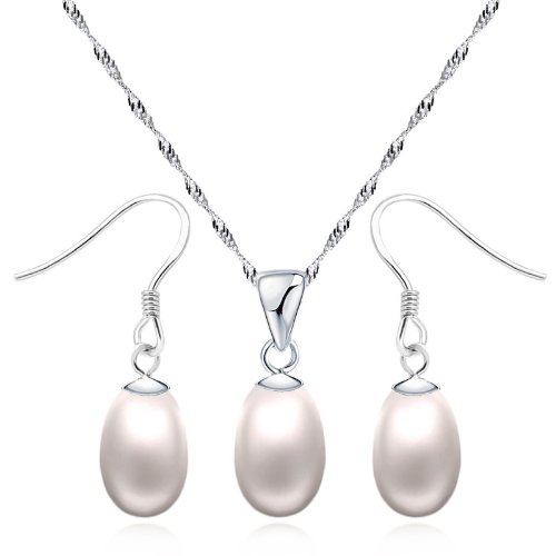 S925 Sterling Silver Created Pearl Drop Pendant Necklace and Earrings Set