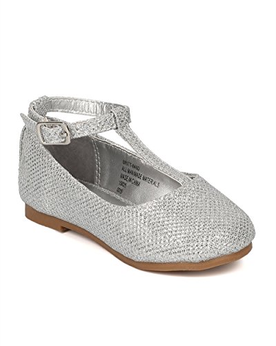 Little Angel CE77 Glitter Round Toe Mary Jane T-Strap Ballerina Flat (Toddler/ Little Girl/ Big Girl) - Silver (Size: Little Kid 1)