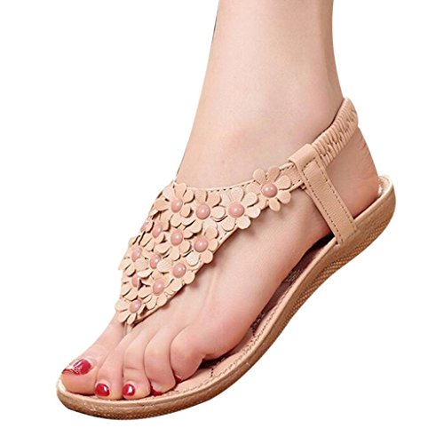 Maybest Women Bohemia Style Flower Beads T-Strap Flip Flop Flats Slip On Thong Sandals