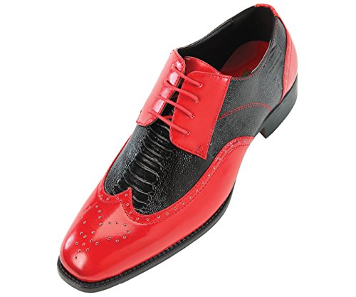Bolano Mens Two-Tone Wingtip Smooth Red and Black Ostrich Leg Print Oxford Dress Shoe: Style Cambria Red-212