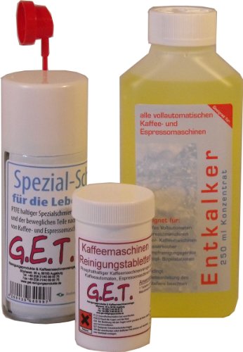 1x GET Entkalker 250 ml + 1x GET Reinigungstabletten 25x2,0g + 1x GET
Spezialschmierstoff 100ml