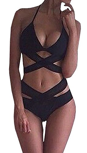 Nulibenna Bandage Halter Push Up Cross Criss Cut Out 2 Piece Bikini Swimsuit