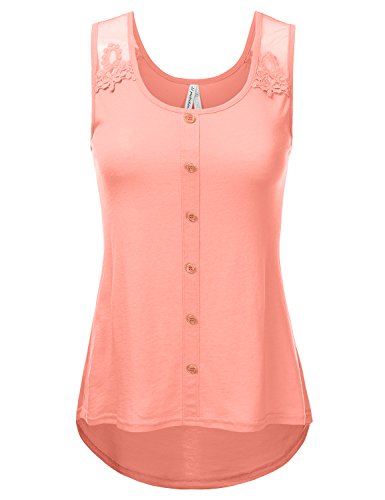 JJ Perfection Women's Round Neck Floral Lace Button Detail Tank Top