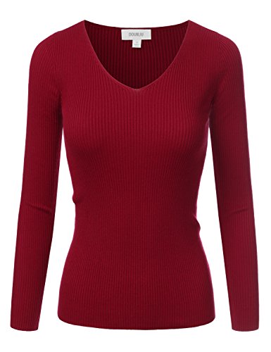 Doubjlu Womens Long Sleeve Deep V-Neck & Round Neck Ribbed Knit Sweater