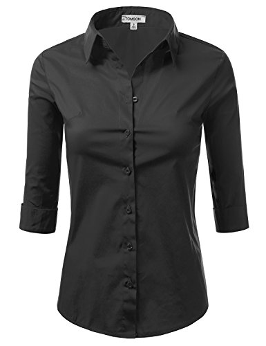 Women's Collared Button Down Dress Shirt with 3/4 Sleeves